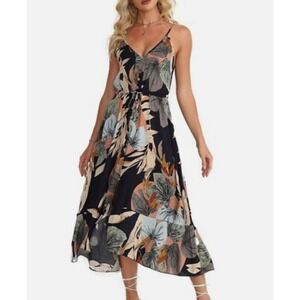 Brovave Bohemian Tropical Midi Button Dress‎ Women Large Black Beach Granolagirl